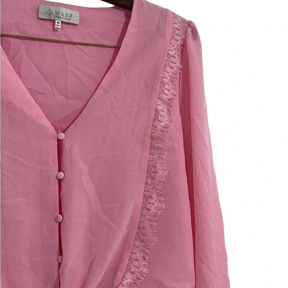 WAYF Pink Lace Trim Knotted Long Sleeve Blouse I Size: M - Picture 4 of 13